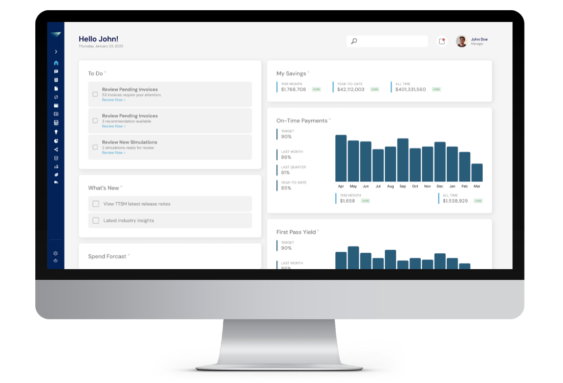 Prizma.ai dashboard showing transportation spend insights, including pending invoices, new audit recommendations, and recent simulations for review.